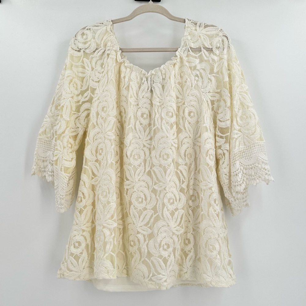 Lauren Michelle Woman Cream Lace Short Sleeve Crochet Tunic Size 1X